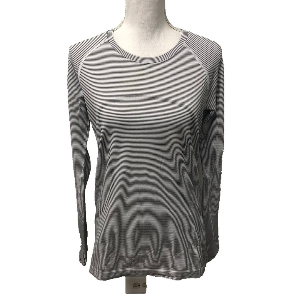 Lululemon Swiftly Tech Activewear Top Womens 10 Black White Stripe Running Gym